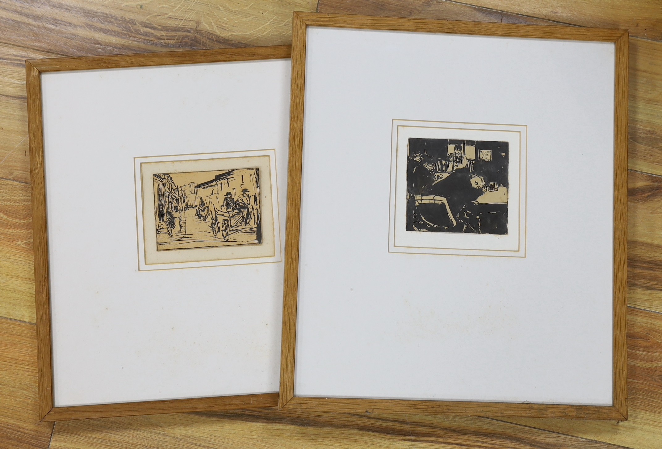 Early 20th century German School, two pen and ink drawings, Drunkard at a bar and Street scene, 10.5 x 11.5cm and 8.5 x 12cm